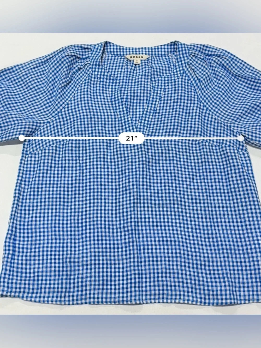 Boden 100% Linen Blue & White Gingham Puff-Sleeve Split-Neck Blouse
